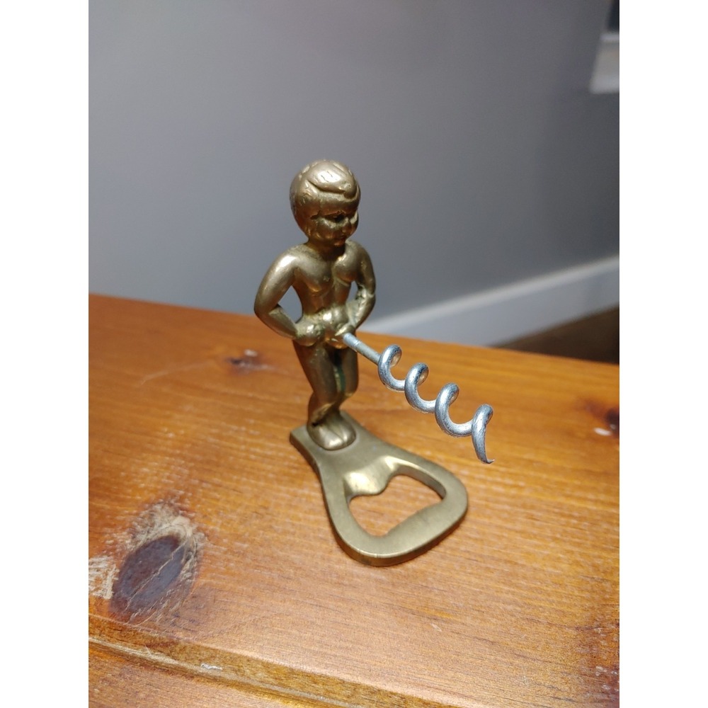 Vtg Brass Corkscrew Bottle Opener Little Pissing Man Wine Beer Novelty Bar Humor